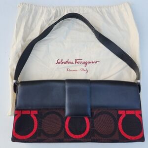 Salvatore Ferragamo Gancini Canvas Leather Black Brown Red Auth